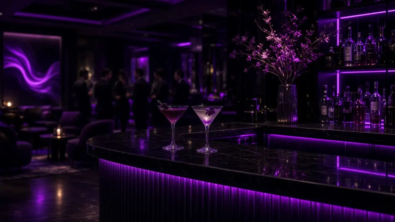 Wnętrze klubu swingers z widokiem na bar i parkiet - głębokie czernie i fioletowe neonowe światła
