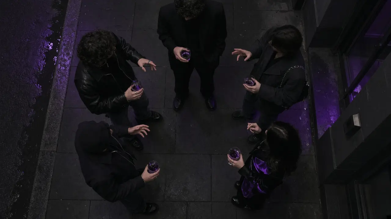 A group of GenZ individuals talks on the sidewalk outside a venue with drinks in their hands