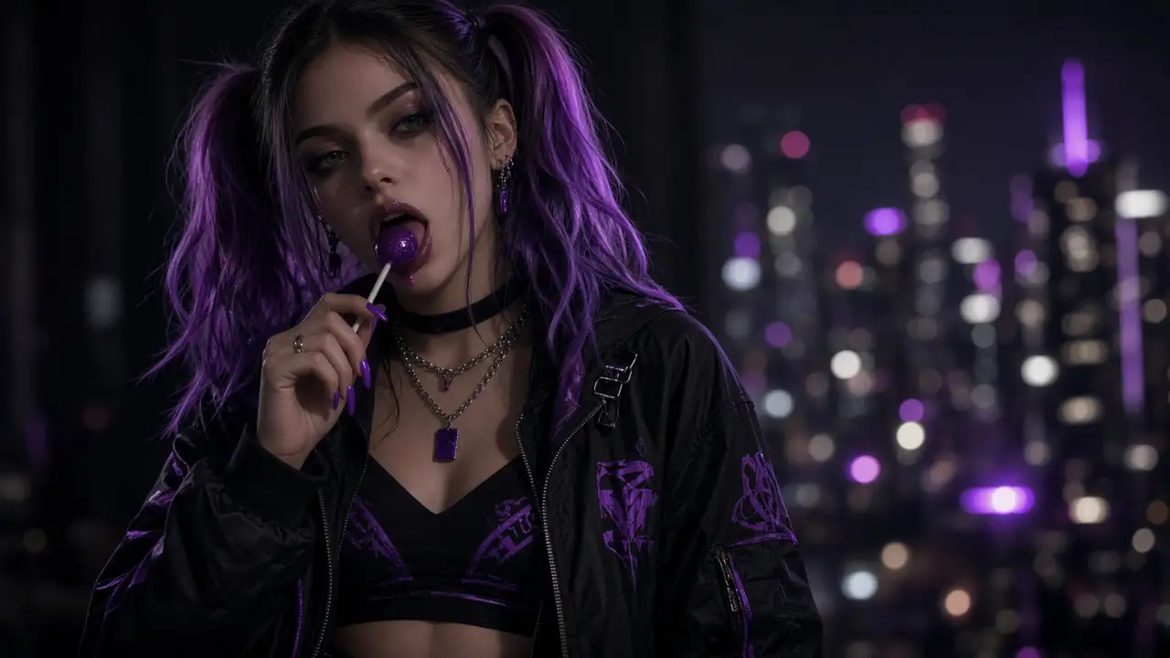 Harley Quinn-style woman looks into the observer's eyes with a lollipop in her mouth against a bokeh city background