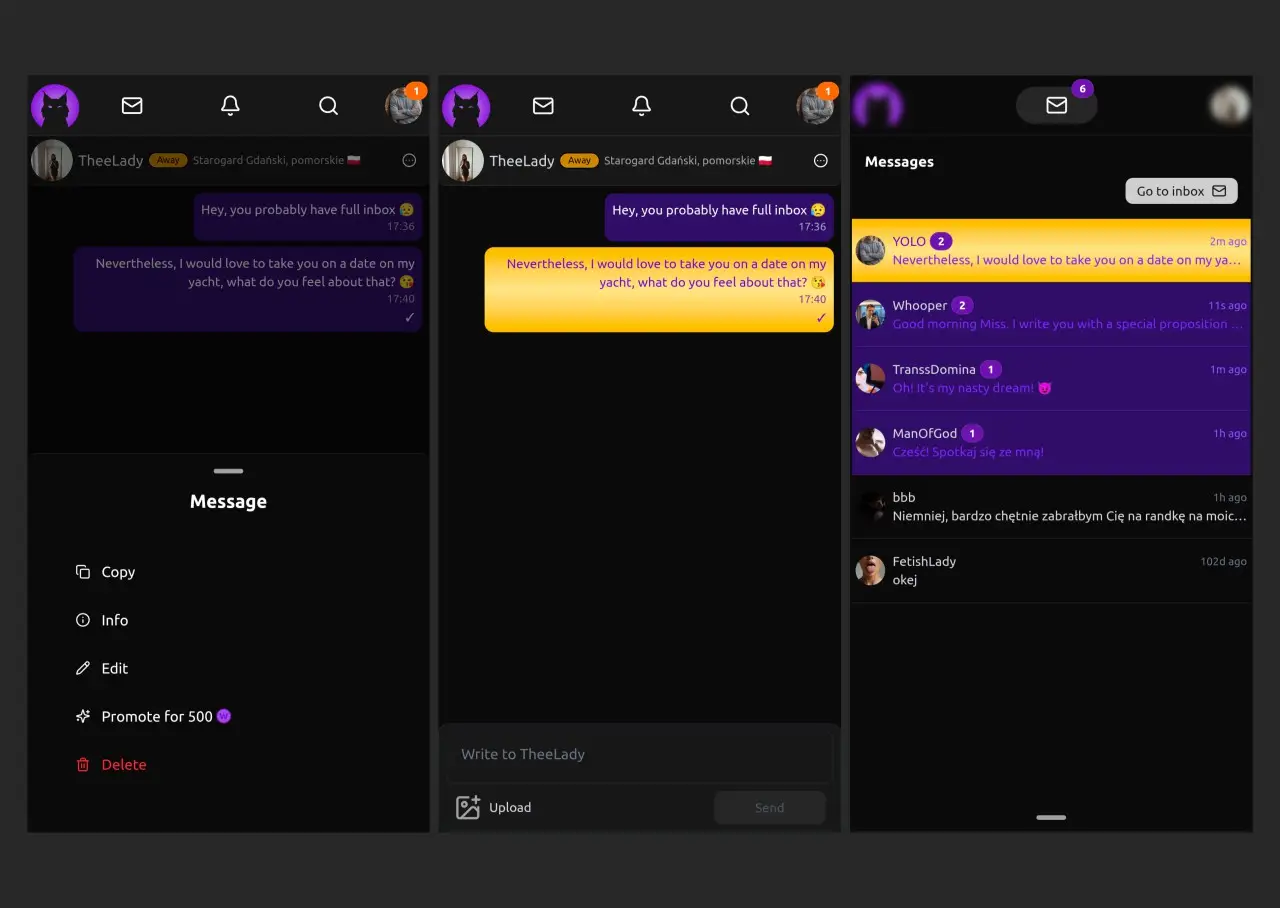 Sender's message screen during message promotion and the recipient's conversation list with gold highlighting