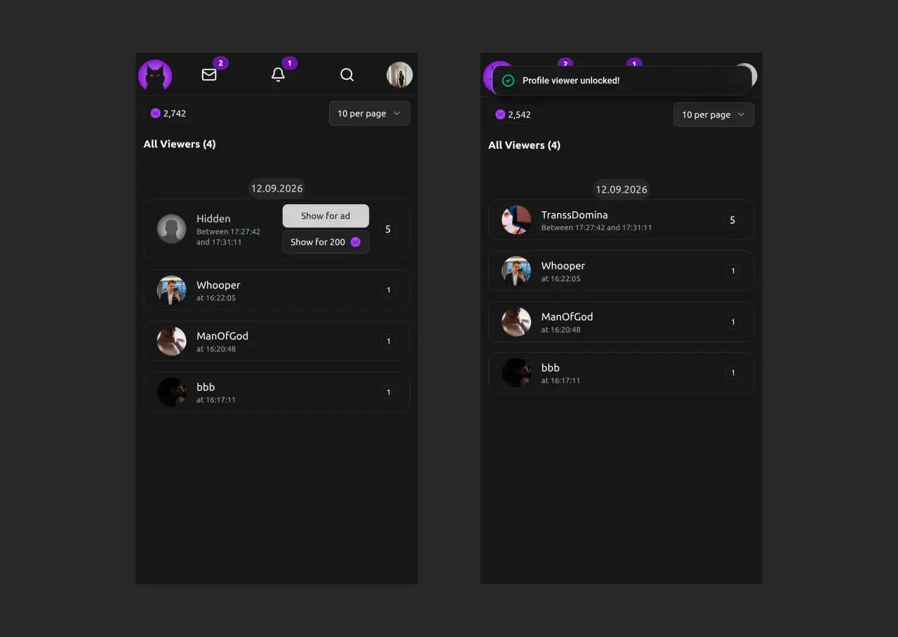 Profile Viewers screen and demonstration of unlocking with Winks