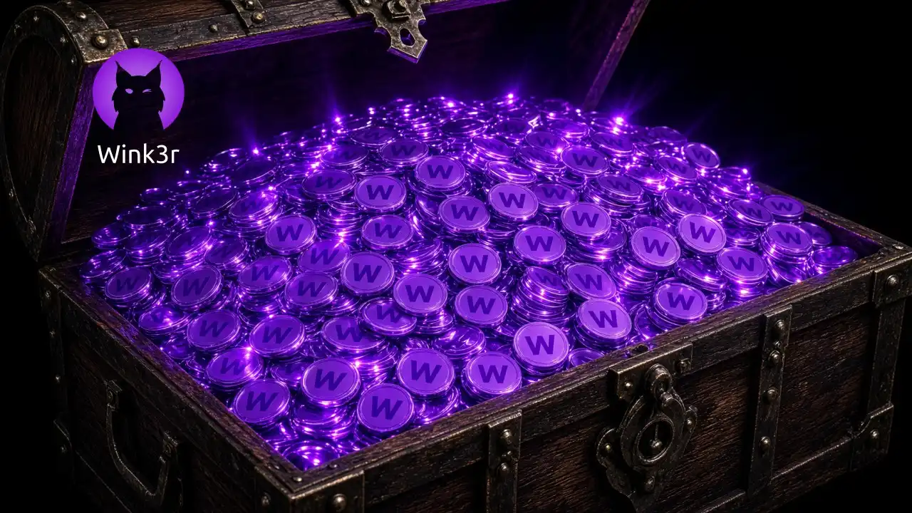 A treasure chest full of purple coins called 'Winks' from the Wink3r platform