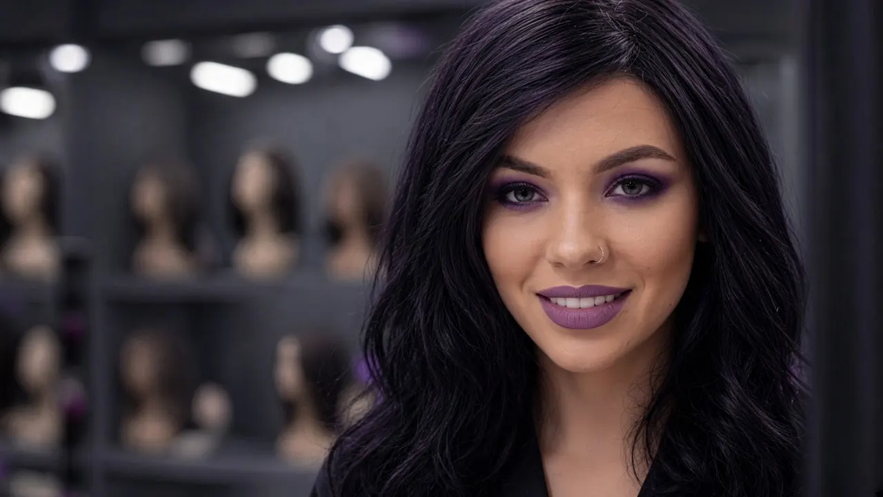A feminine crossdresser smiles at the mirror in a perfectly styled wig