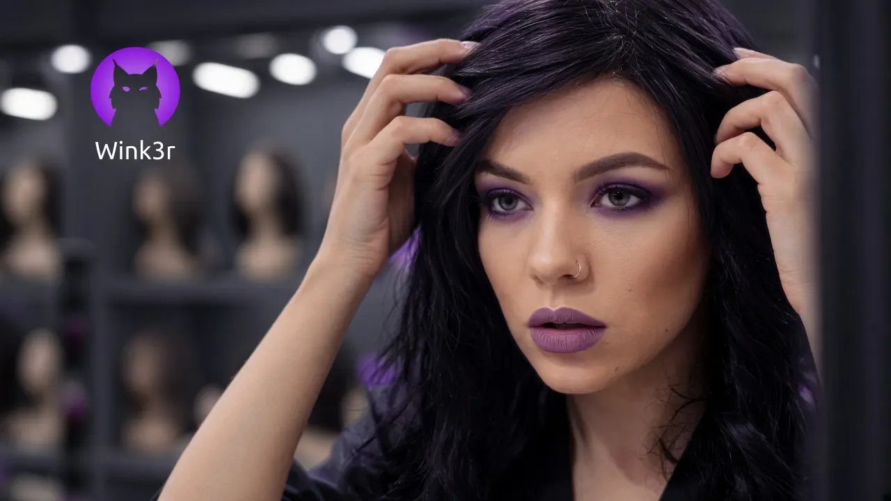 A feminine crossdresser stands in front of a mirror and tries on a women's wig in a wig shop, close-up on the face with a blurred background of wigs on display