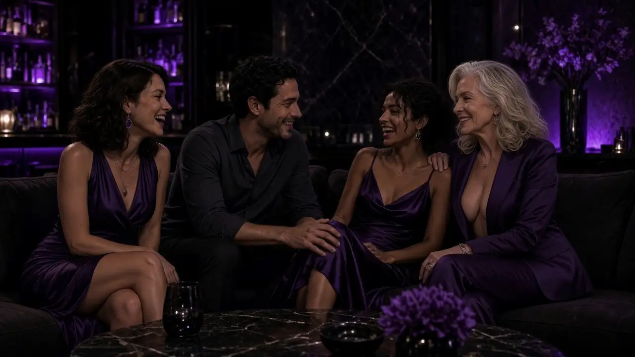 Guests of various ages on a couch in the bar area