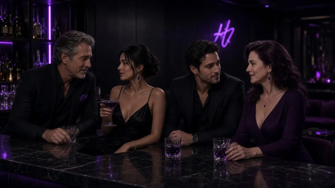 Two couples of different ages chatting at a bar in a dimly lit club