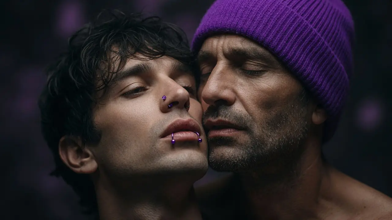 Close-up of a hugging gay male couple, with closed eyes and piercing