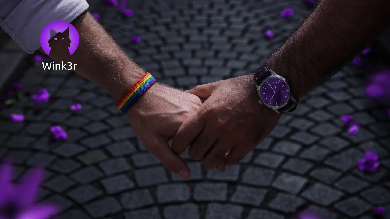 Zbliżenie na splecione dłonie pary gejów z bransoletką LGBT+ i zegarkiem podczas spaceru na gdańskiej starówce nocą