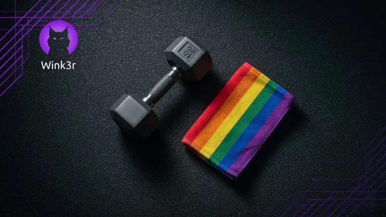 Hantel 10kg i mały ręcznik z tęczowym motywem leżą na czarnej wykładzinie w siłowni