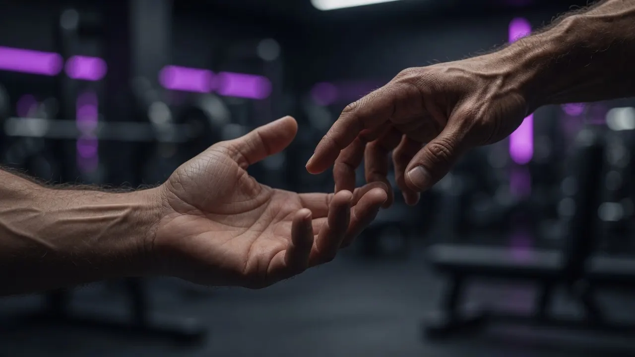 Male hands touching in the style of "The Creation of Adam", with a city gym in the background