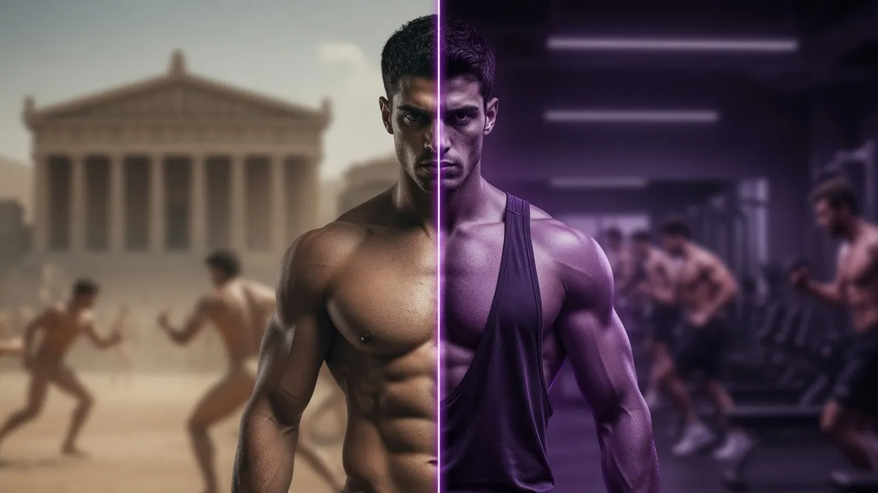 Muscular man who is half-gladiator, half-modern gym guy stands facing the viewer; on the left in the background is an ancient Greek gymnasium with training men, on the right a modern gym