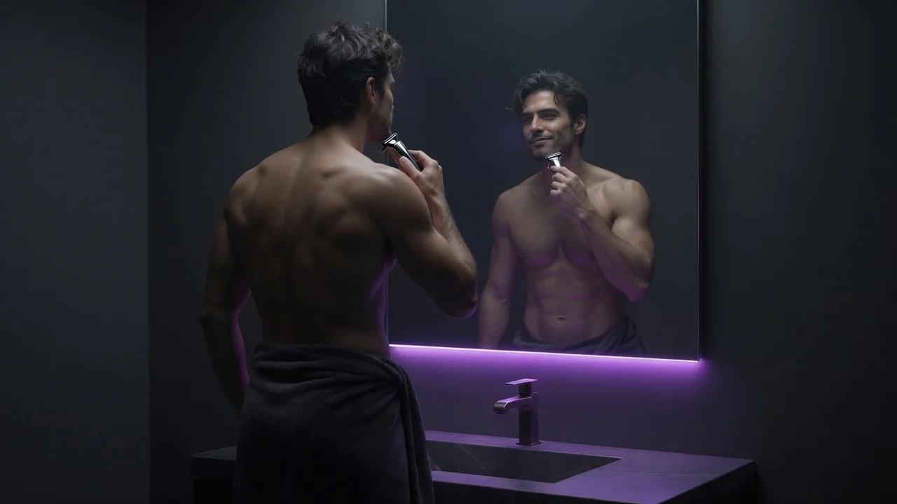 Man wrapped in a towel and shirtless, shaving in front of a purple-lit mirror