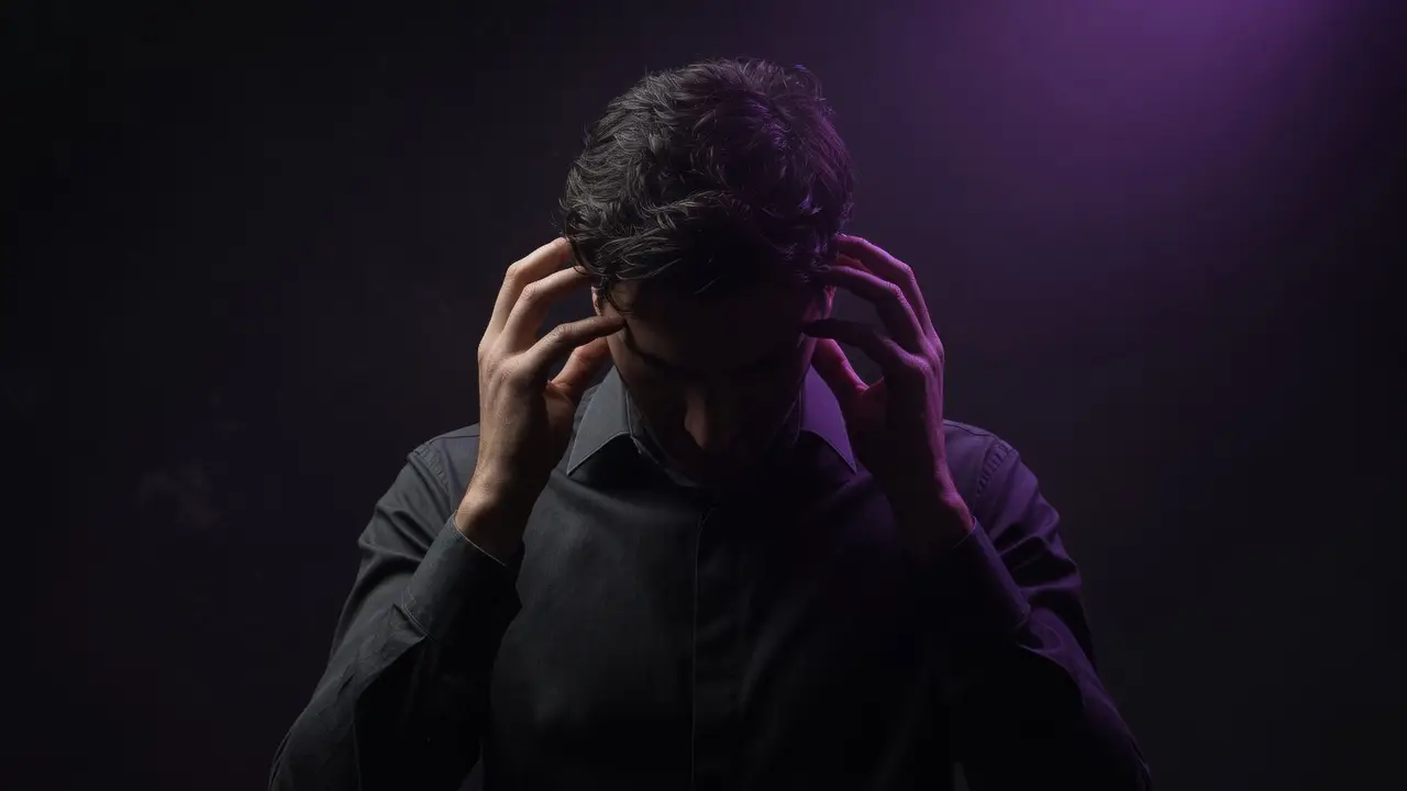 Man in a dark shirt holding his temples with both hands during mental preparation for a date