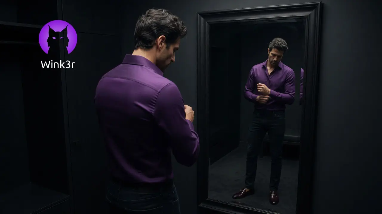 A man in a purple shirt fastening his cuff in front of a mirror - a dark purple and graphite composition