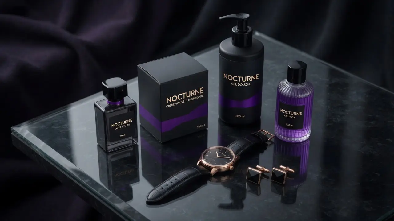 Set of cosmetics, sequentially toilet water, body cream, bath gel and face gel arranged together with a watch and cufflinks in a black composition