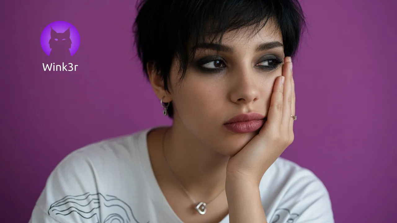 A bored woman with short black hair and smokey eyes makeup on a pink background, resting her chin on her hand and staring into the distance