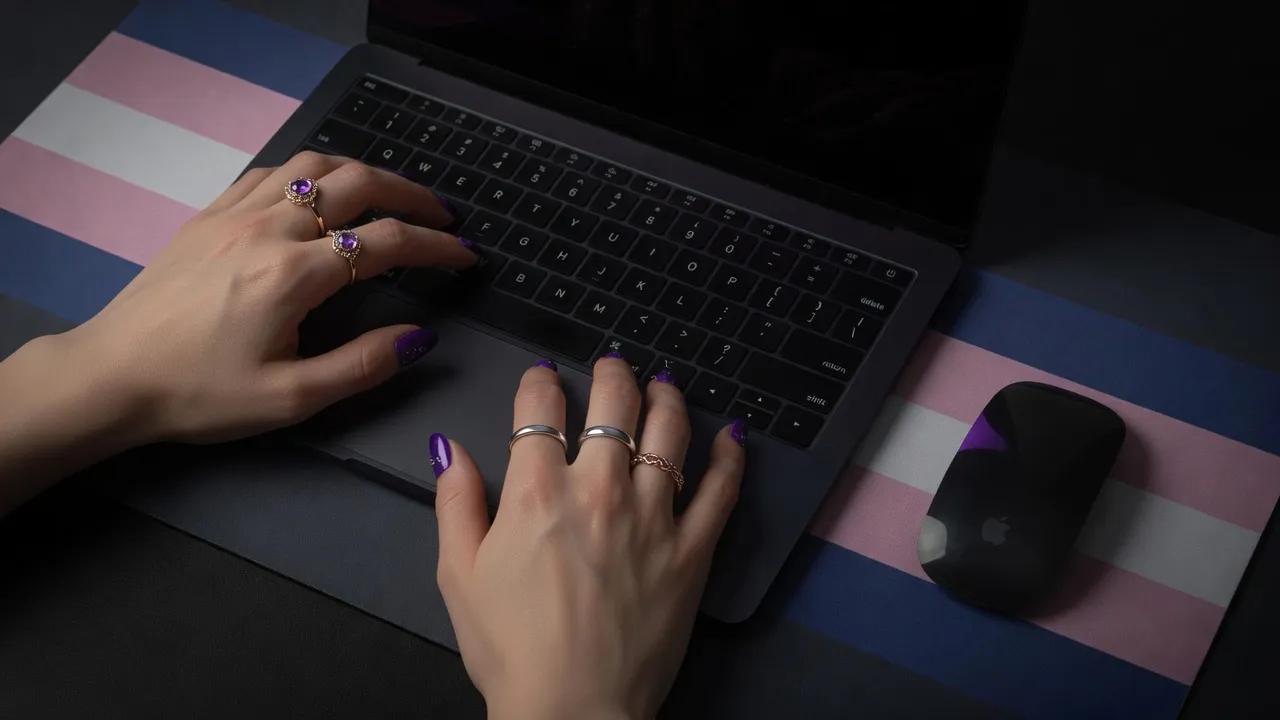 Female hands with painted nails typing on a Midnight MacBook keyboard resting on a transgender-flag mousepad