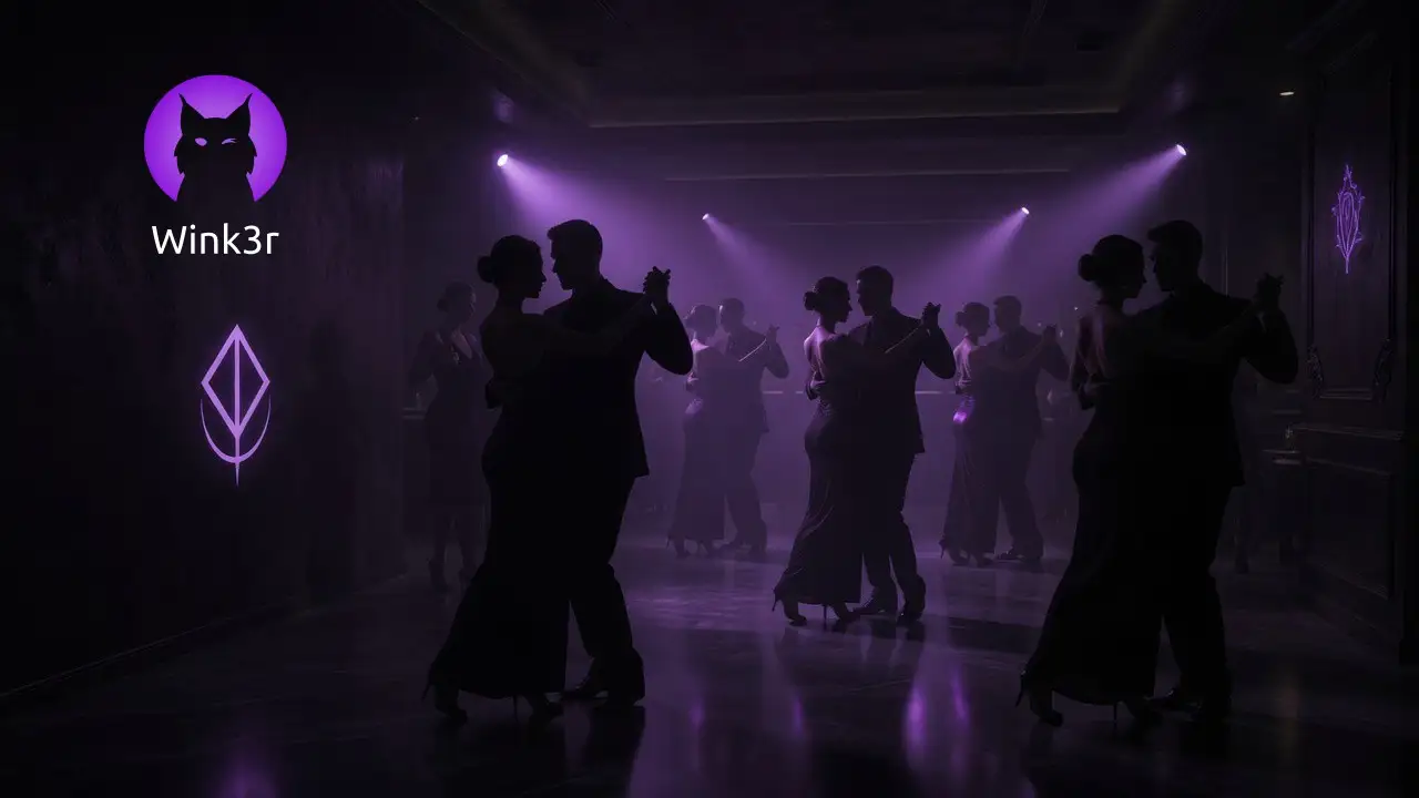 Couples dancing in the distance on the dance floor of a swingers club, in the twilight illuminated by purple spotlights