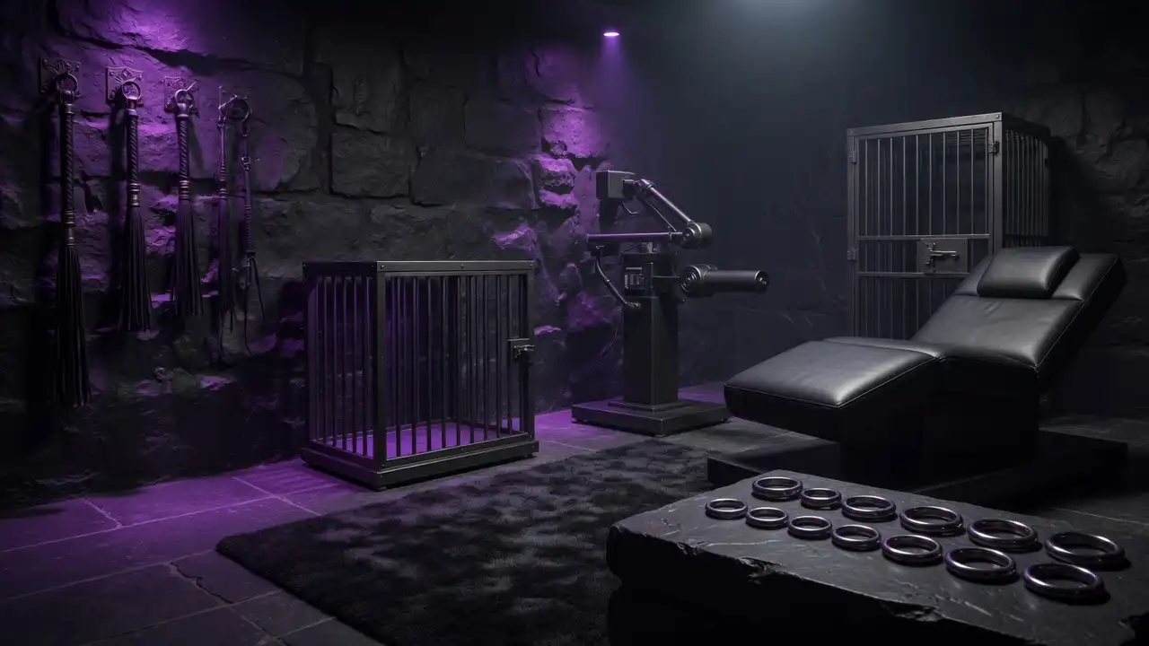 BDSM grotto with two human cages, whips, a bed and cock-rings