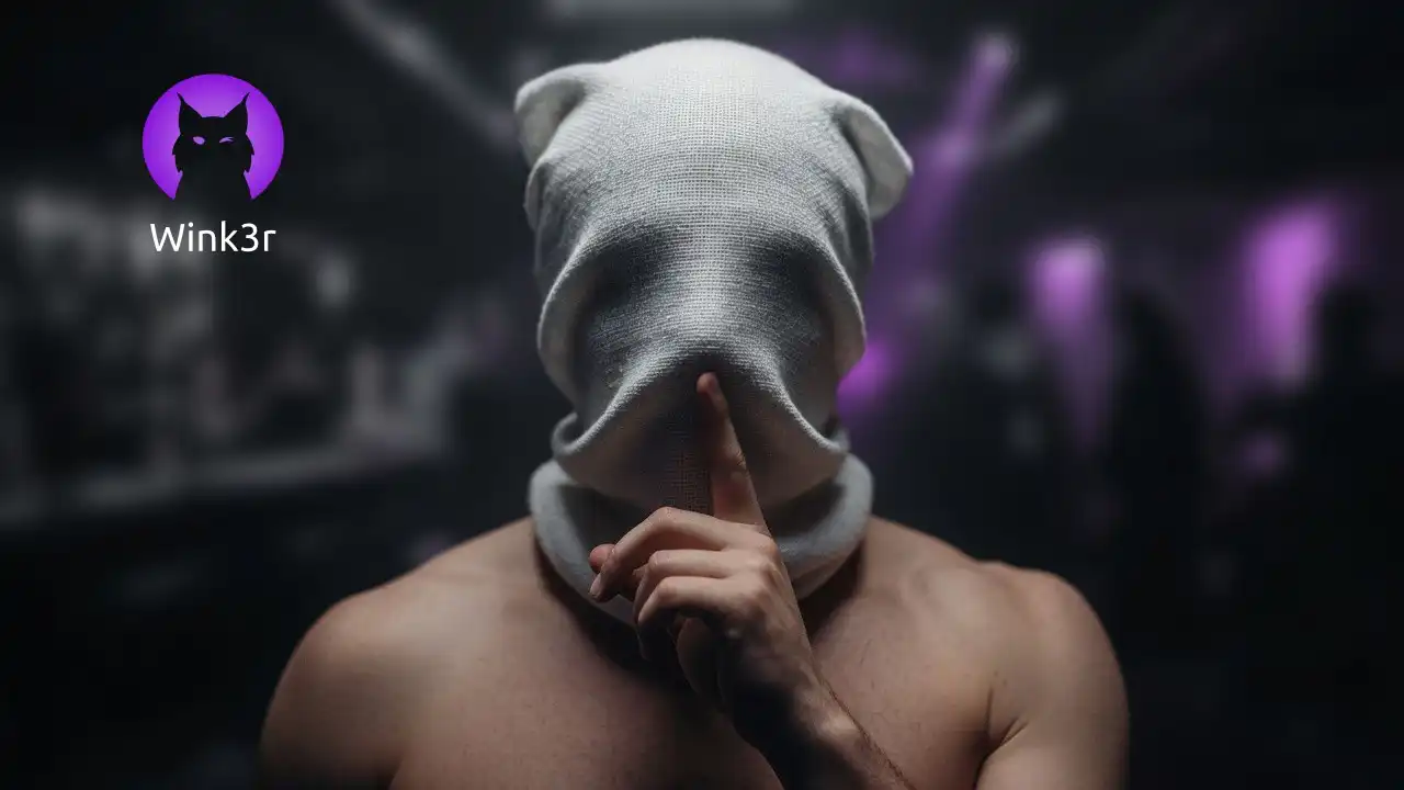 A shirtless man in a nightclub, with a white bag over his head, putting a finger to his lips as a sign of silence
