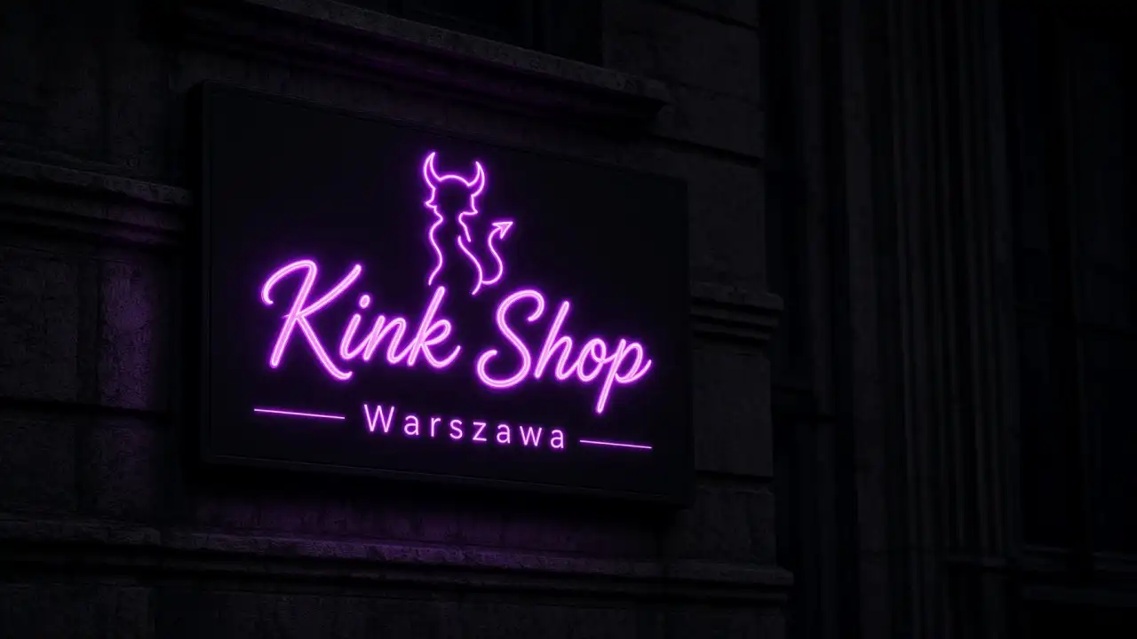 A neon sign of a kink shop in Warsaw, glowing with purple light on the night facade of a tenement building