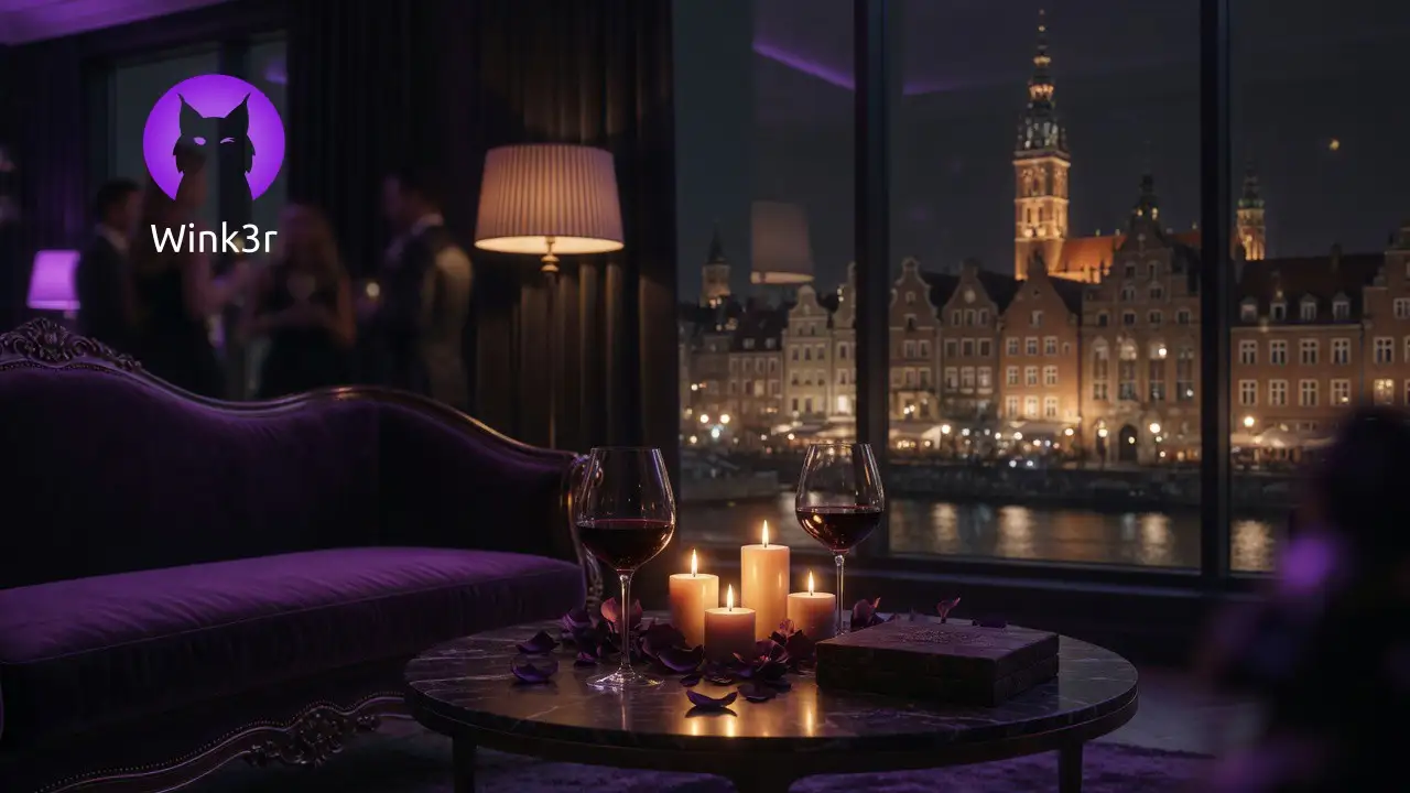 Elegancki salon z winem i świecami na stoliku, za oknem nocna starówka, a w tle rozmyte pary bawiące się podczas prywatnej imprezy swingers w mieszkaniu
