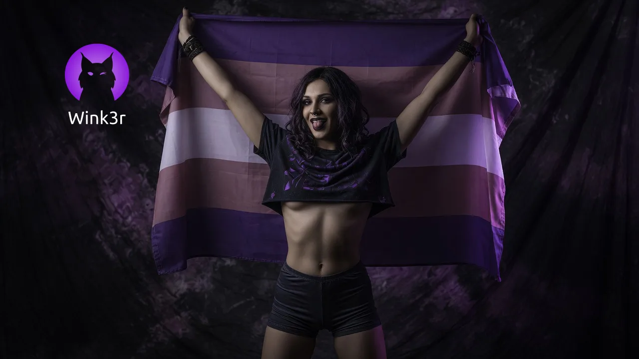 Kobieta transpłciowa ubrana krótki top w pozie under-boobs z uniesionymi w górę rękami i uśmiechem na ustach trzyma flagę transgender