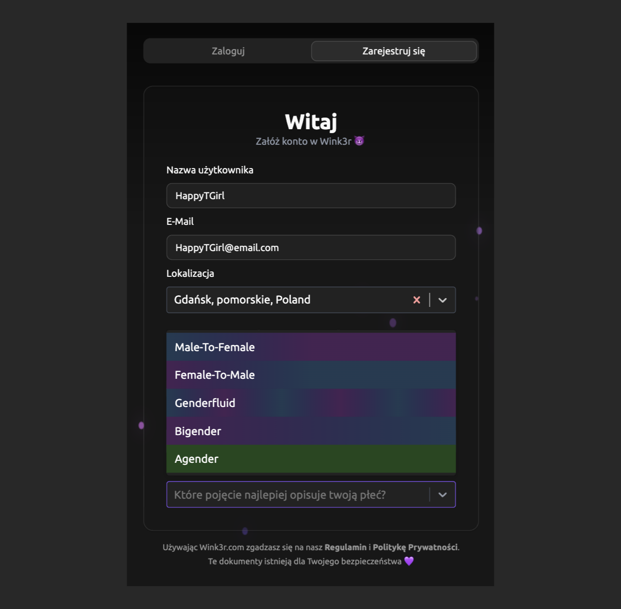 Creating a trans user account on Wink3r