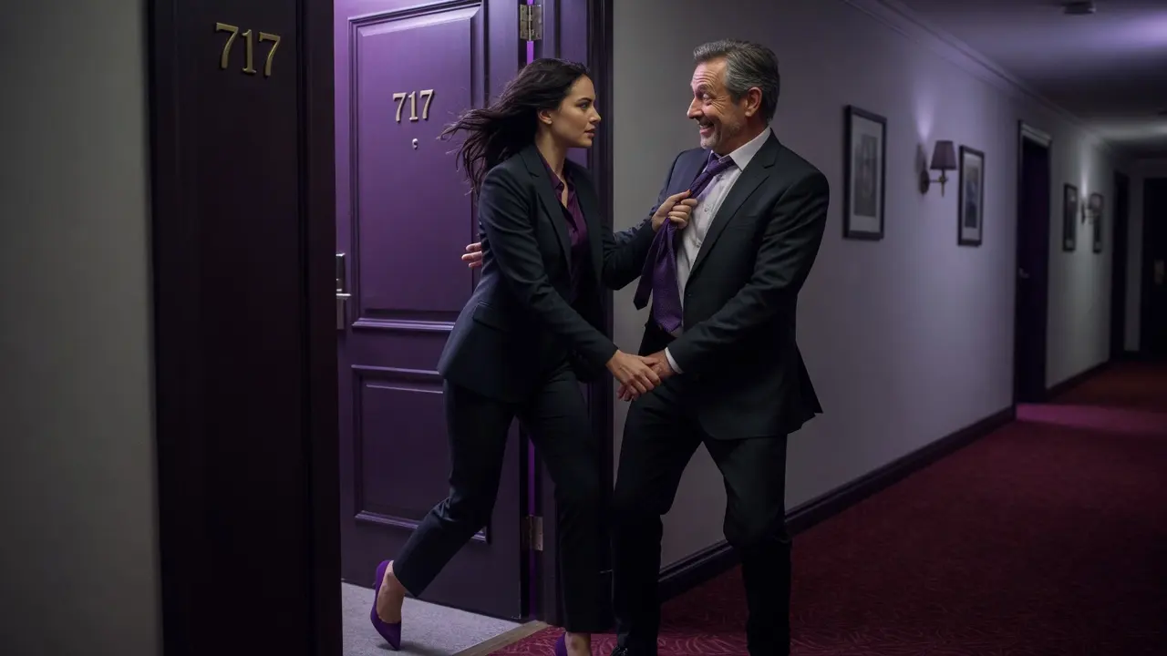 Young woman pulling a man into a hotel room for no-strings-attached sex
