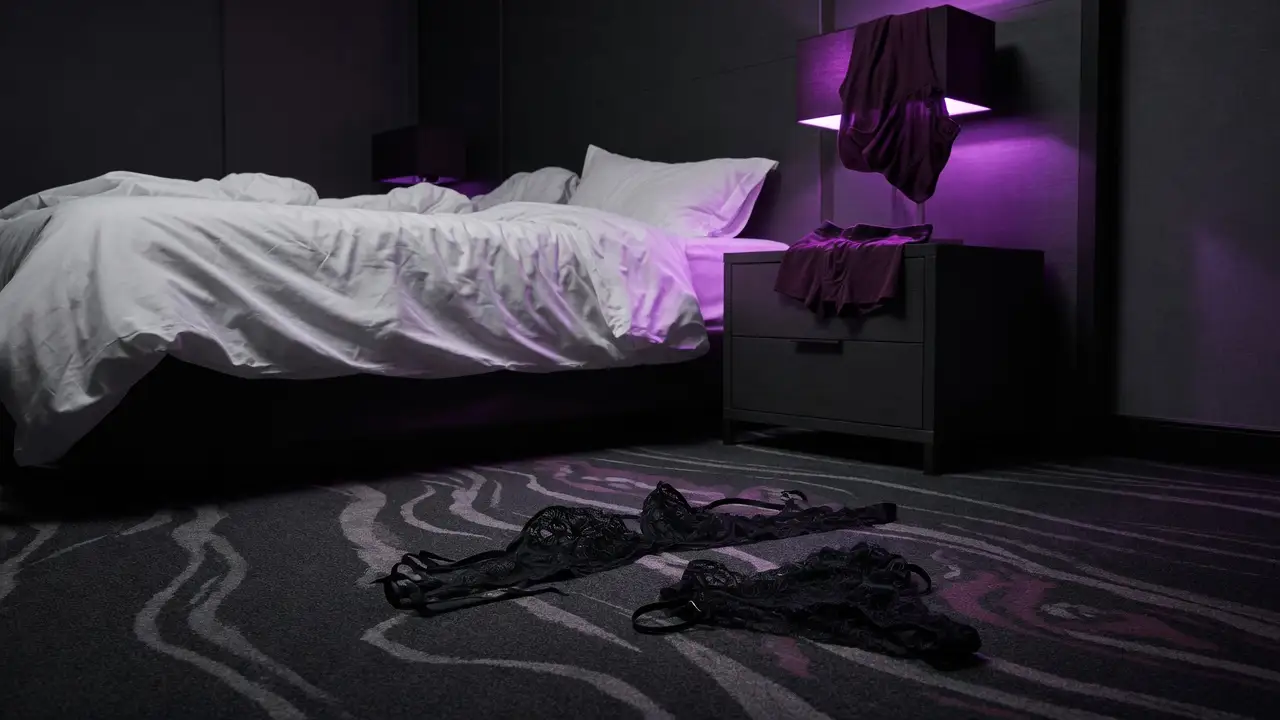 Hotel room after a passionate date with scattered black erotic lingerie