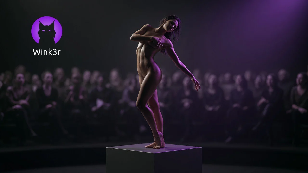 A naked woman stands on a platform in an athletic-artistic pose, illuminated by purple light, with a large seated audience visible in the background