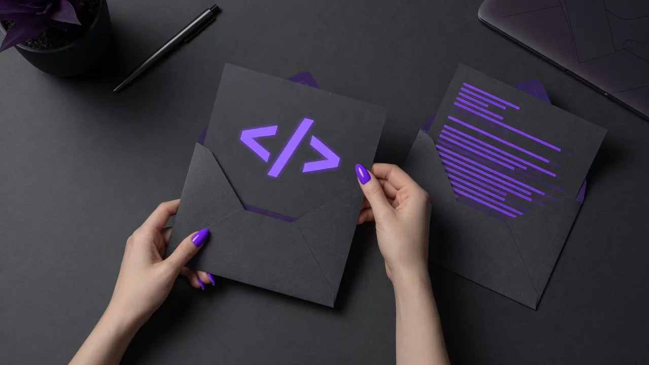 Modern office in dark colors with two envelopes, female hands pulling out a letter with the symbol of a closed HTML tag from one of the envelopes