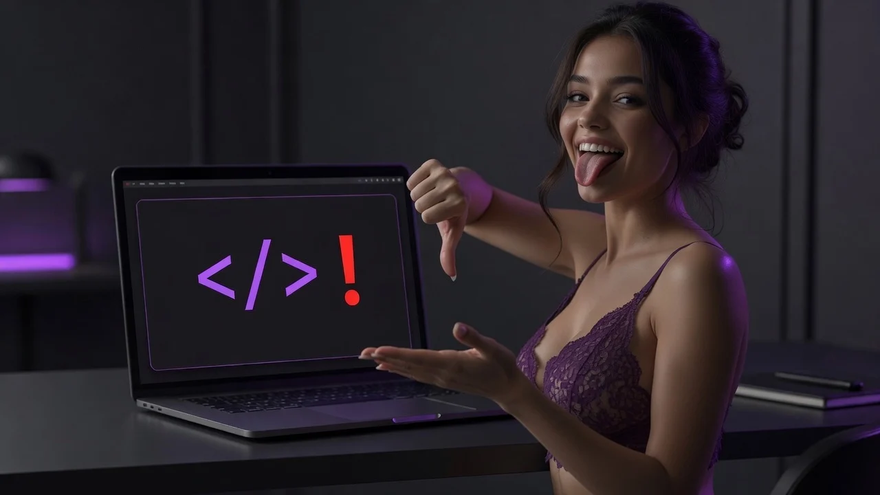 Sexy brunette sitting at a desk with an open laptop displaying "</>!" symbols, the woman gives a thumbs down and sticks out her tongue while sweetly mocking the screen content