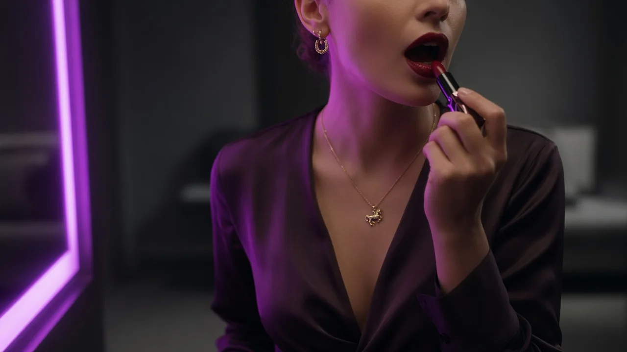 Kobieta w eleganckiej bluzce maluje przed lustrem usta bordową szminką