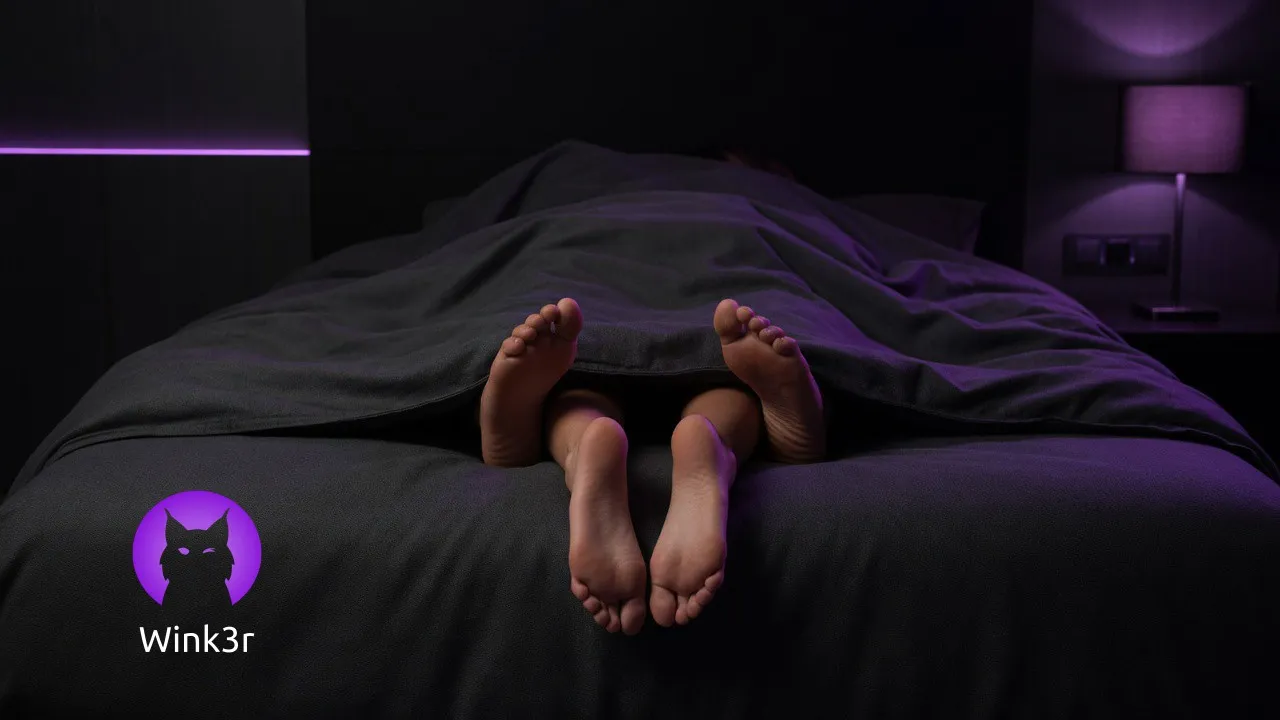 A large double bed and the feet of a couple having sex, sticking out from under the sheets - a dark purple and graphite composition