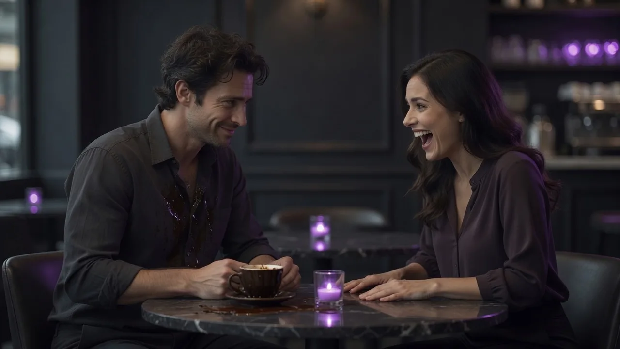 Couple in a darker cafe at a table, the man spilled coffee on himself, and the woman laughs with her mouth wide open