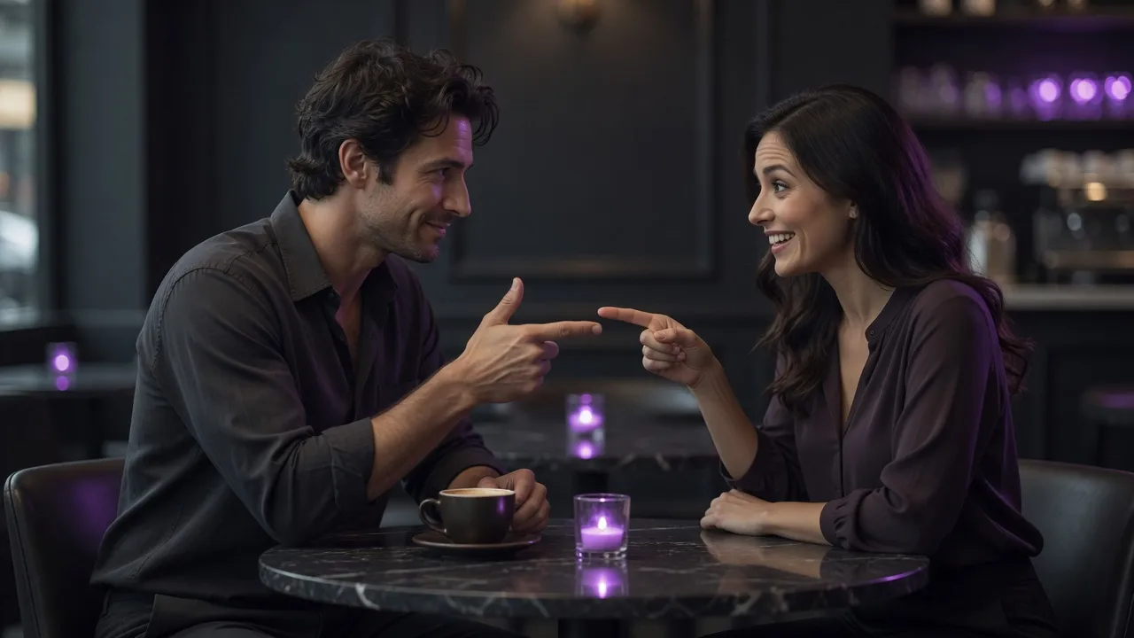 Male-female couple sitting in a dark cafe pointing at each other with index fingers and smiling