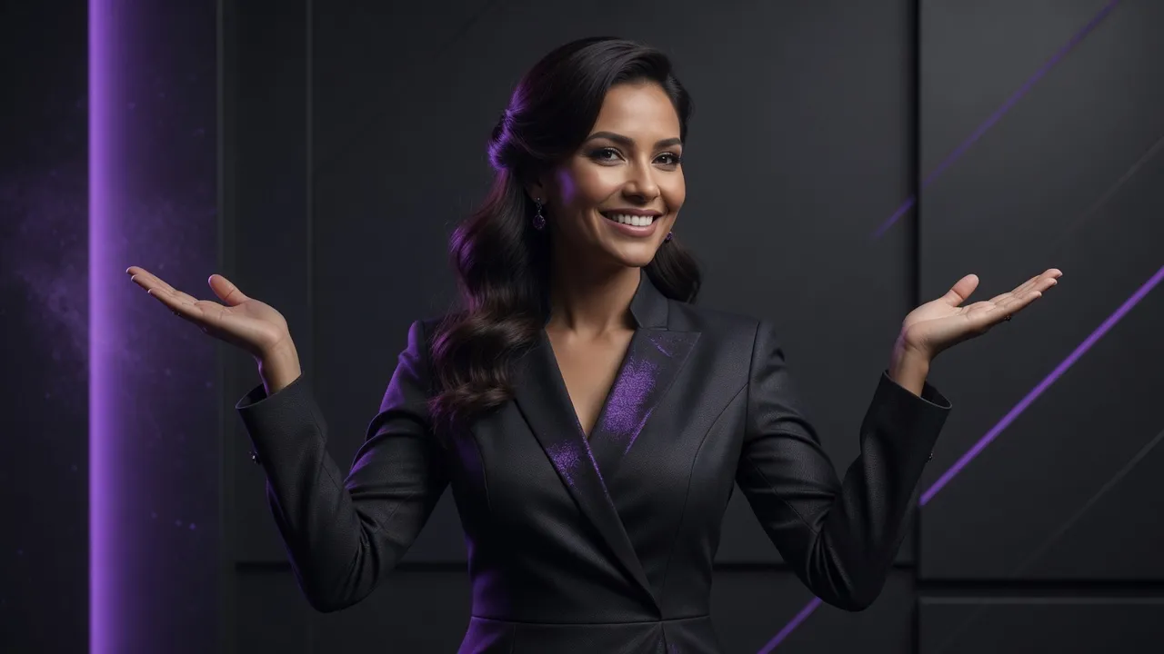 Beautiful smiling brunette spreading her arms to the sides creating a scale symbol