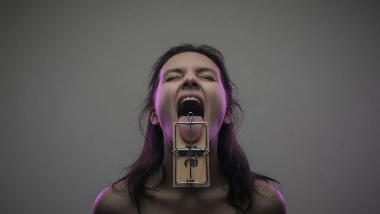 A transsexual woman screams in pain, with her tongue sticking out and a mousetrap clamped on it