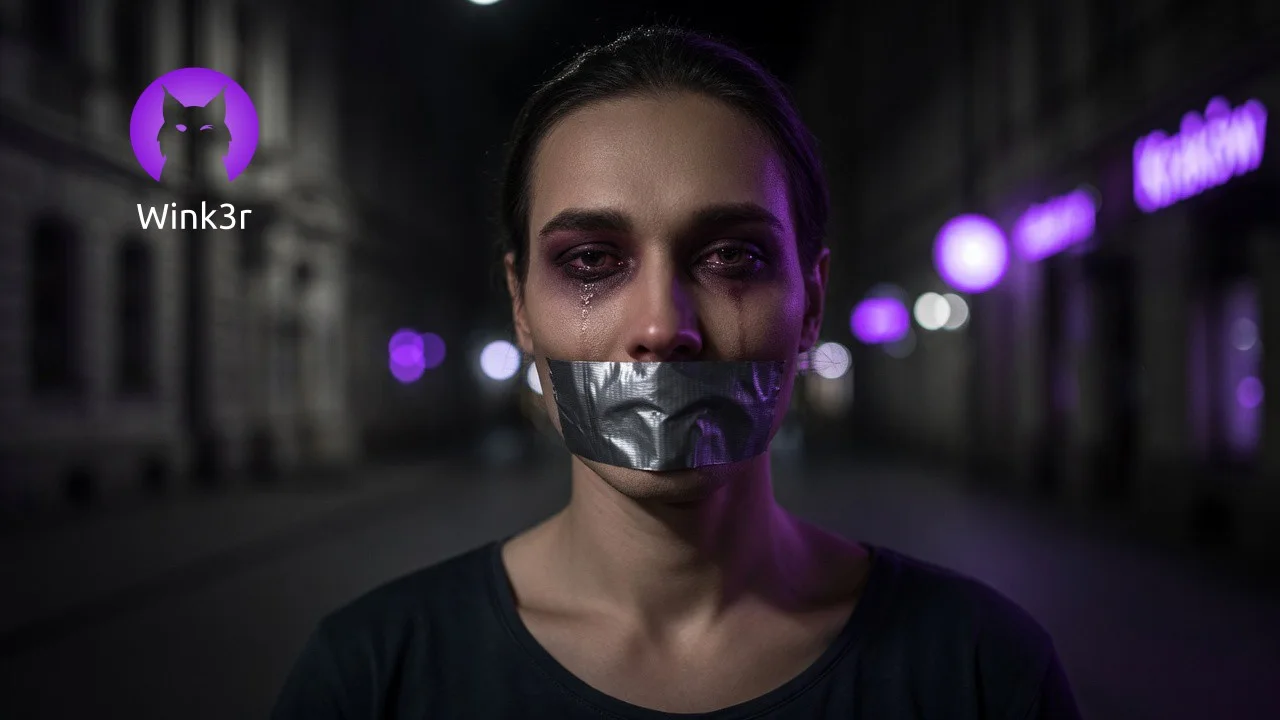 Portret kobiety transpłciowej nocą na pustej ulicy, z rozmazanym makijażem smokey eyes i ustami zaklejonymi srebrną taśmą