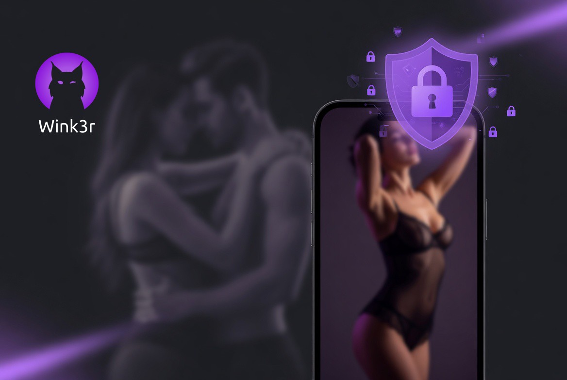 A phone displaying a photo of a woman with a purple shield and padlock symbol, with a blurred couple in the background