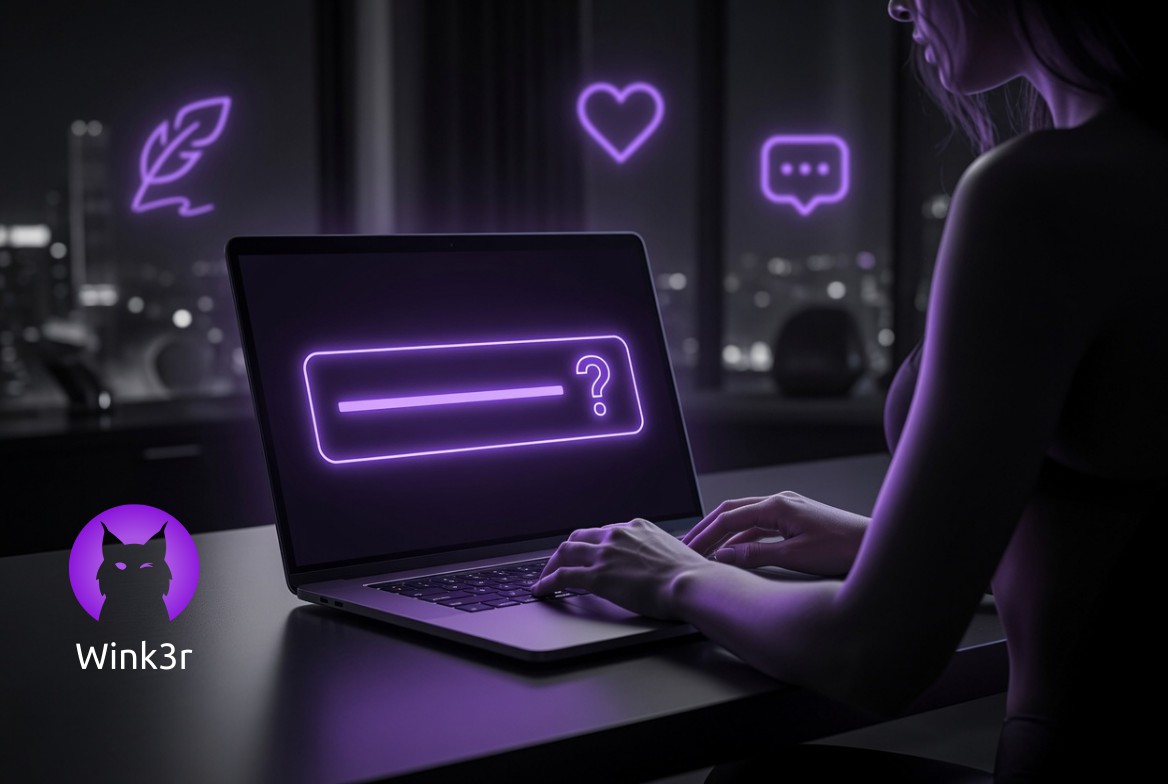 Kobieta pisze na laptopie, na ekranie widoczne puste pole z pytajnikiem, w tle neonowe ikony pióra, serca i czatu