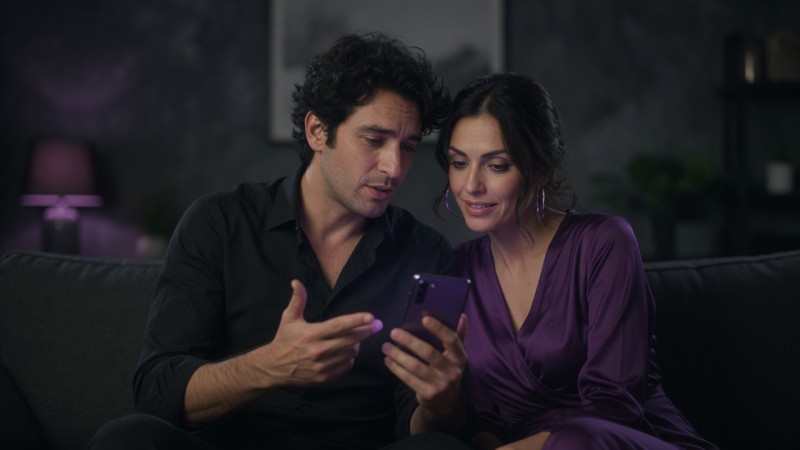 Couple sitting on the couch exploring the topic of swinging