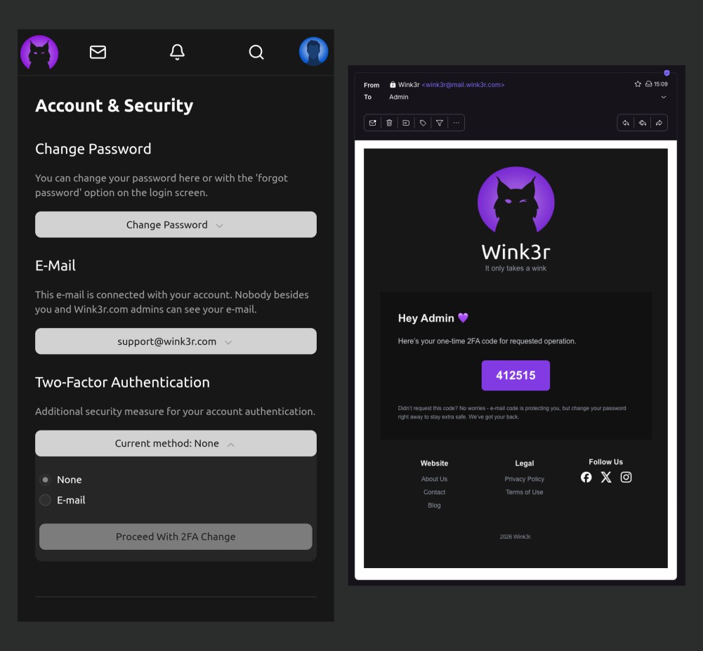 Example of an email from Wink3r with a code for two-factor authentication 2FA
