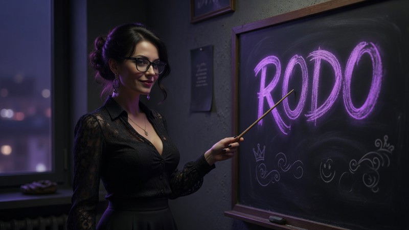 Sexy teacher pointing with a pointer at a chalkboard with large "RODO" text