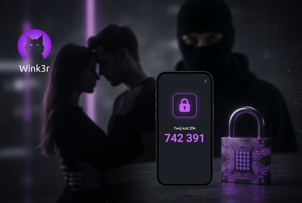 A phone displaying a 6-digit 2FA code and a padlock, with a figure in a balaclava and a couple in the background