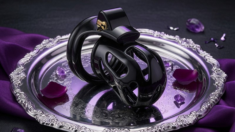 Black penis cage (chastity cage) lying on a silver tray