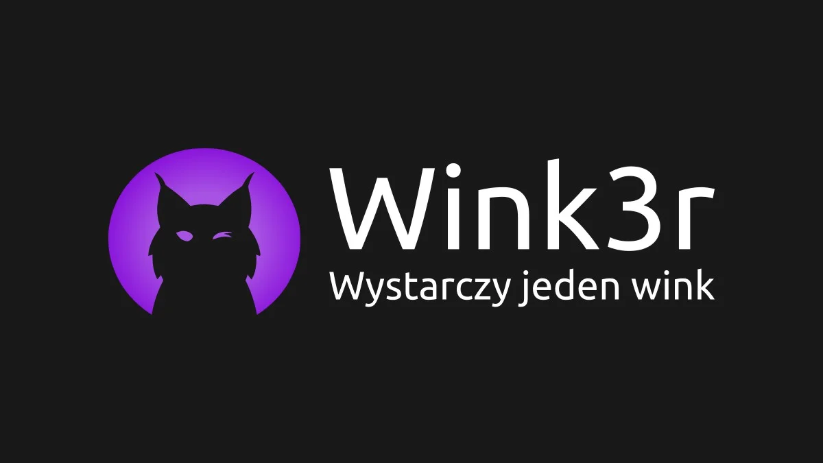 Logotyp Wink3r na ciemno grafitowym tle: mrugający ryś i hasło 'Wystarczy jeden wink'