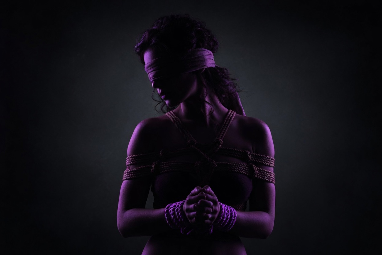 Young woman during a BDSM session - bound with shibari ropes and blindfolded with a silk blindfold.