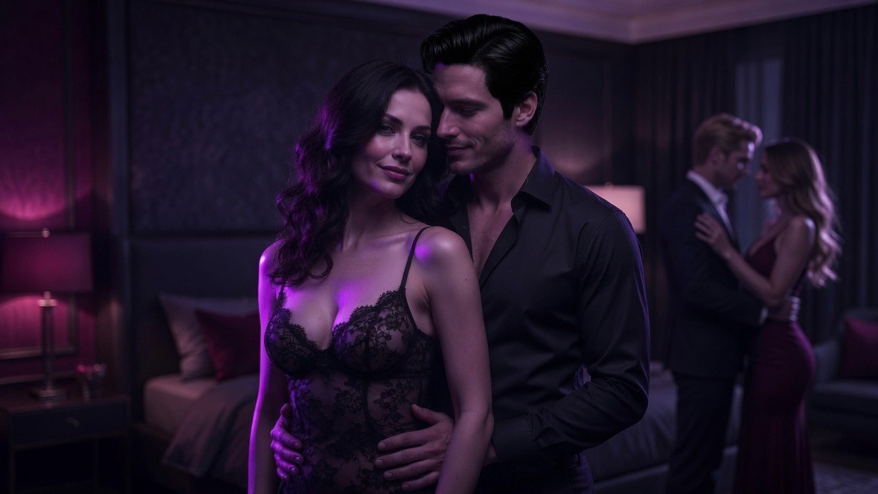 Two elegant young married couples stand together in the bedroom, sharing a romantic atmosphere.